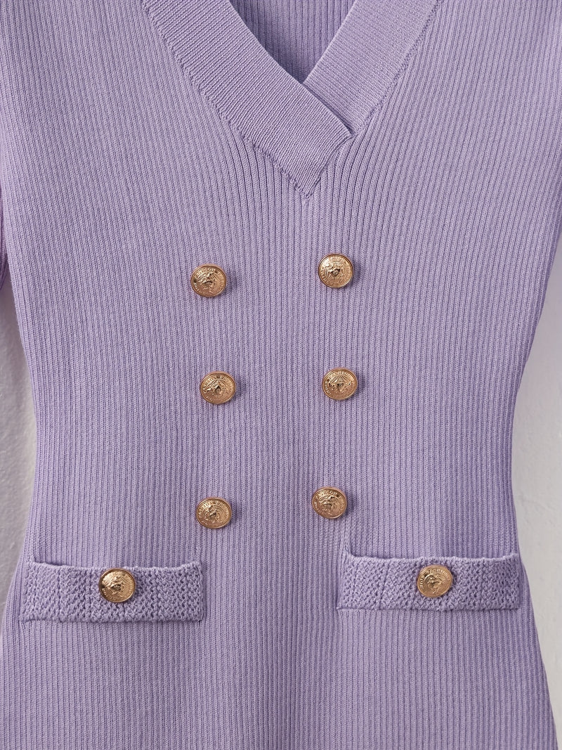 Women's Light Lavender V-Neck Button-Front Sweater Dress.