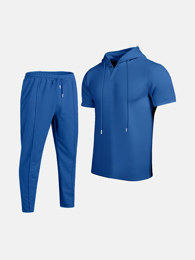 Men's set short sleeved hooded top with drawstring elastic waistband.