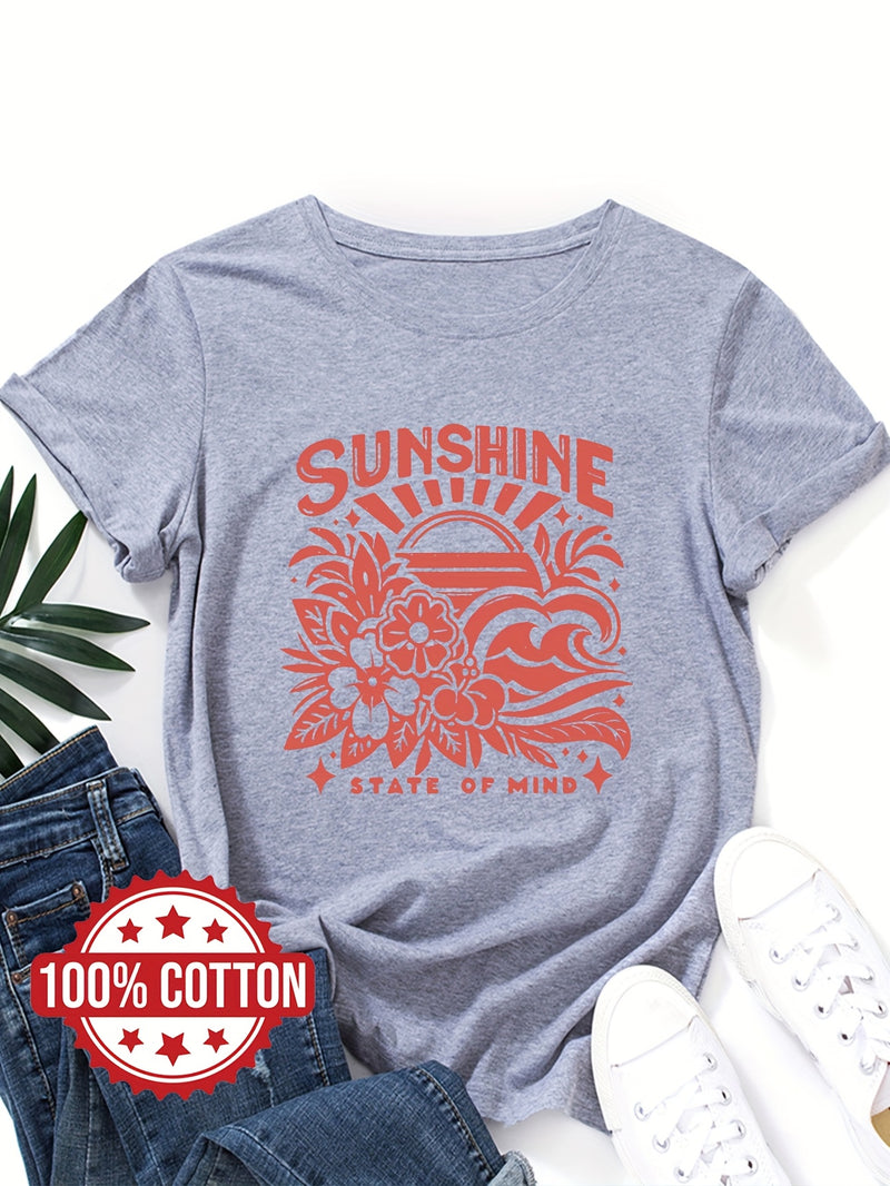 Women's Casual Crew Neck T-Shirt with "SUNSHINE" Graphic Print.
