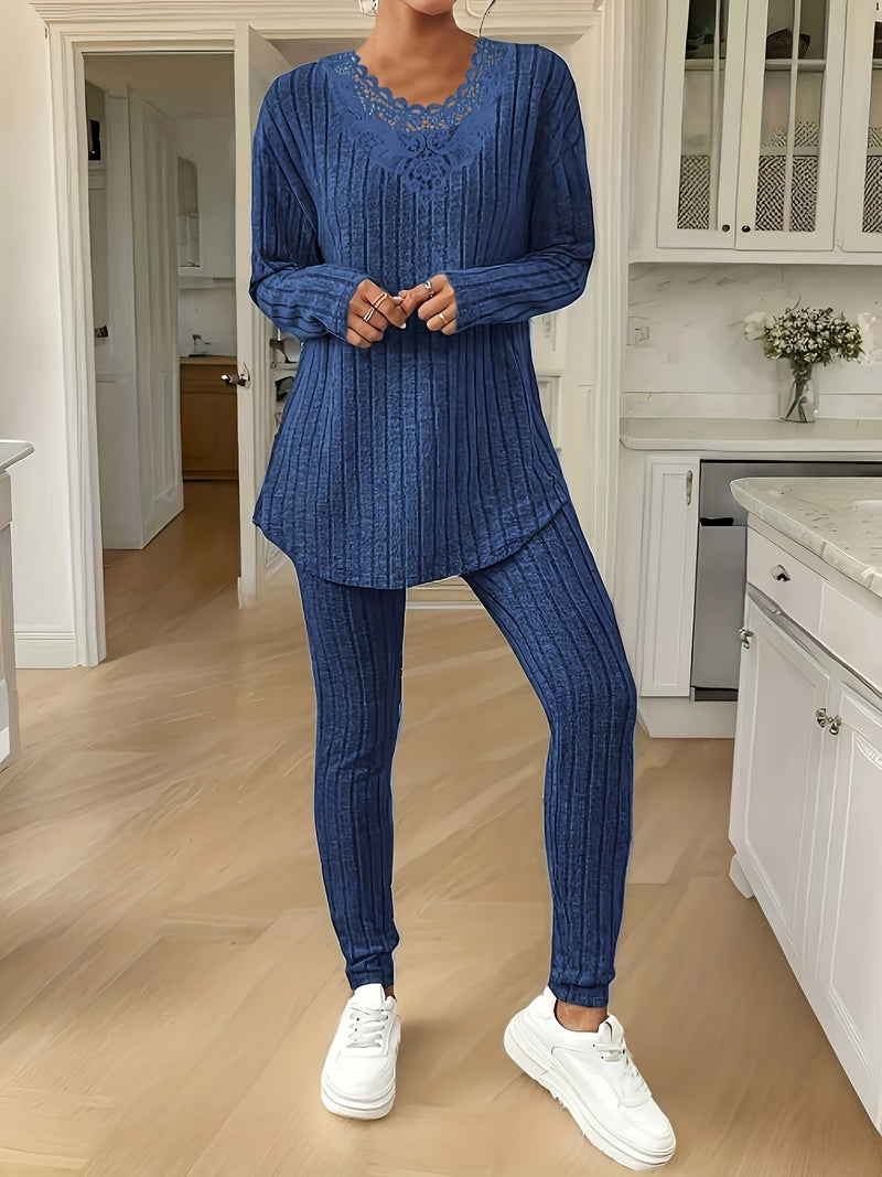 Women's Elegant Solid Color Ribbed Embroidered Collar Spliced Long Sleeve.