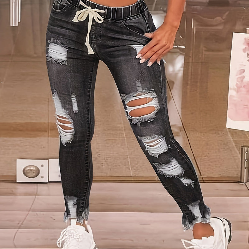 Women's Stretchy High-Waisted Ripped Denim Jeans.