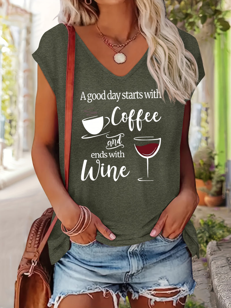 Women’s Comfortable V-Neck Short-Sleeve T-Shirt Features a Print.