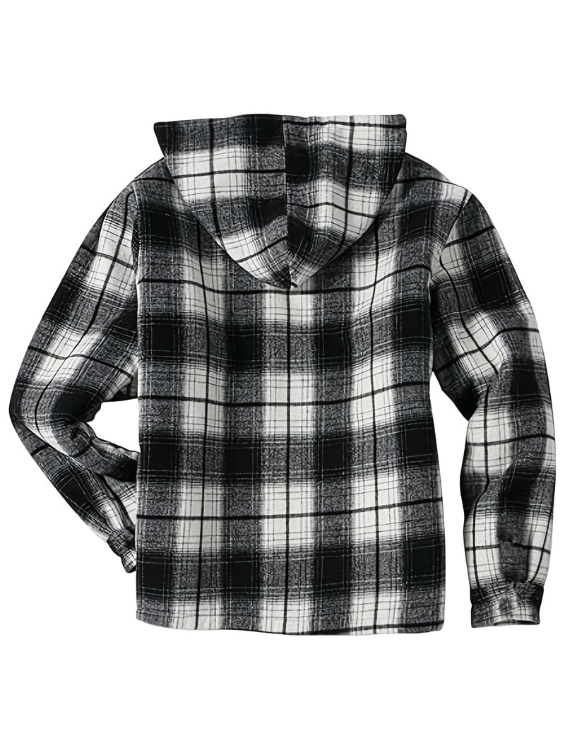 Men's Warm Jacket with Sherpa Lining, Plaid Hooded Zip-Up Winter Coat.