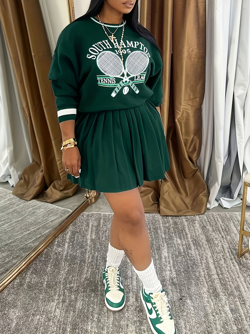 Women’s Printed Sweatshirt And Pleated Skirt Two-Piece Set.