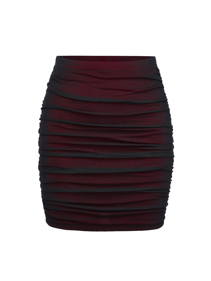 Red And Black Color-Blocked Mesh Bodycon Skirt.