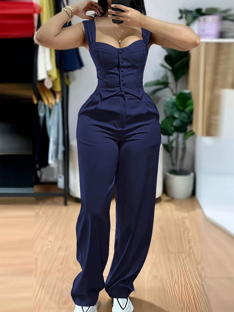 Women’s Elegant Two-Piece Set with Thick Straps And Buttoned Front.
