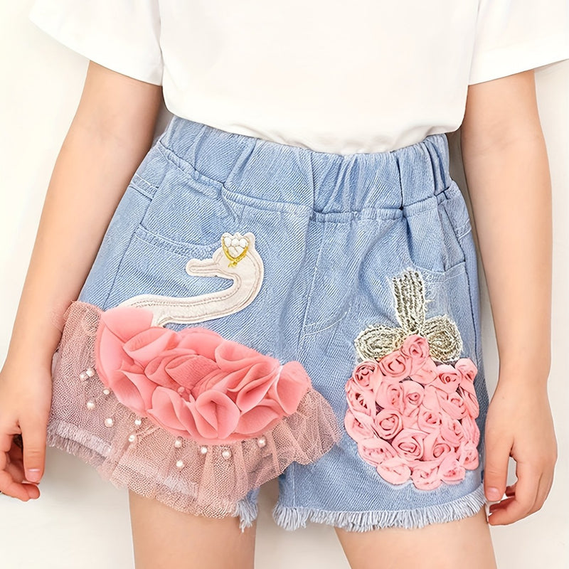 New Girls' Embroidered Swan Denim Shorts, Versatile Outerwear Pants for Girls.