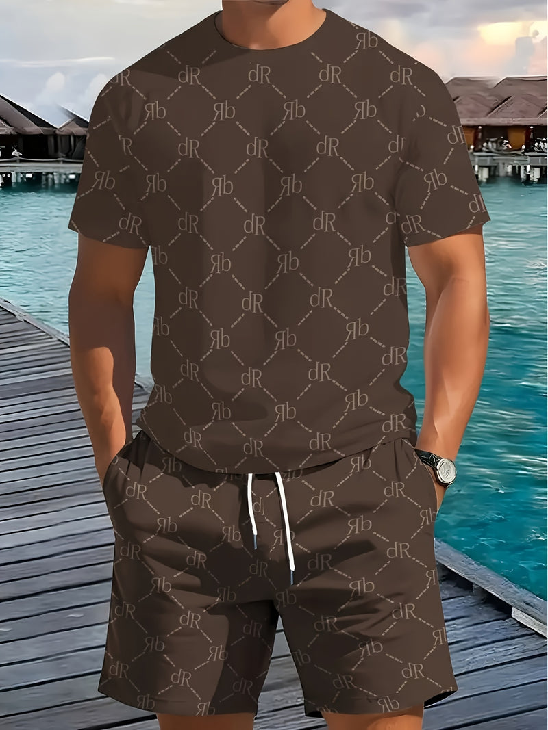 Men's Casual Two-Piece Set Featuring Short Sleeves with English Letter Prints.