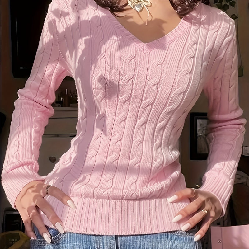 Women's Slim-Fit V-Neck Cable Sweshirt.