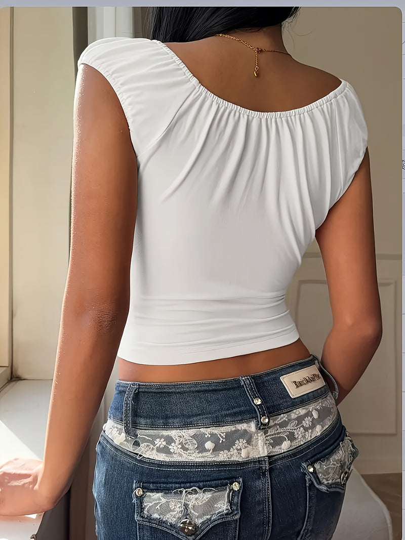 Women's Solid Color Pleated Casual Pink T-Shirt Top.