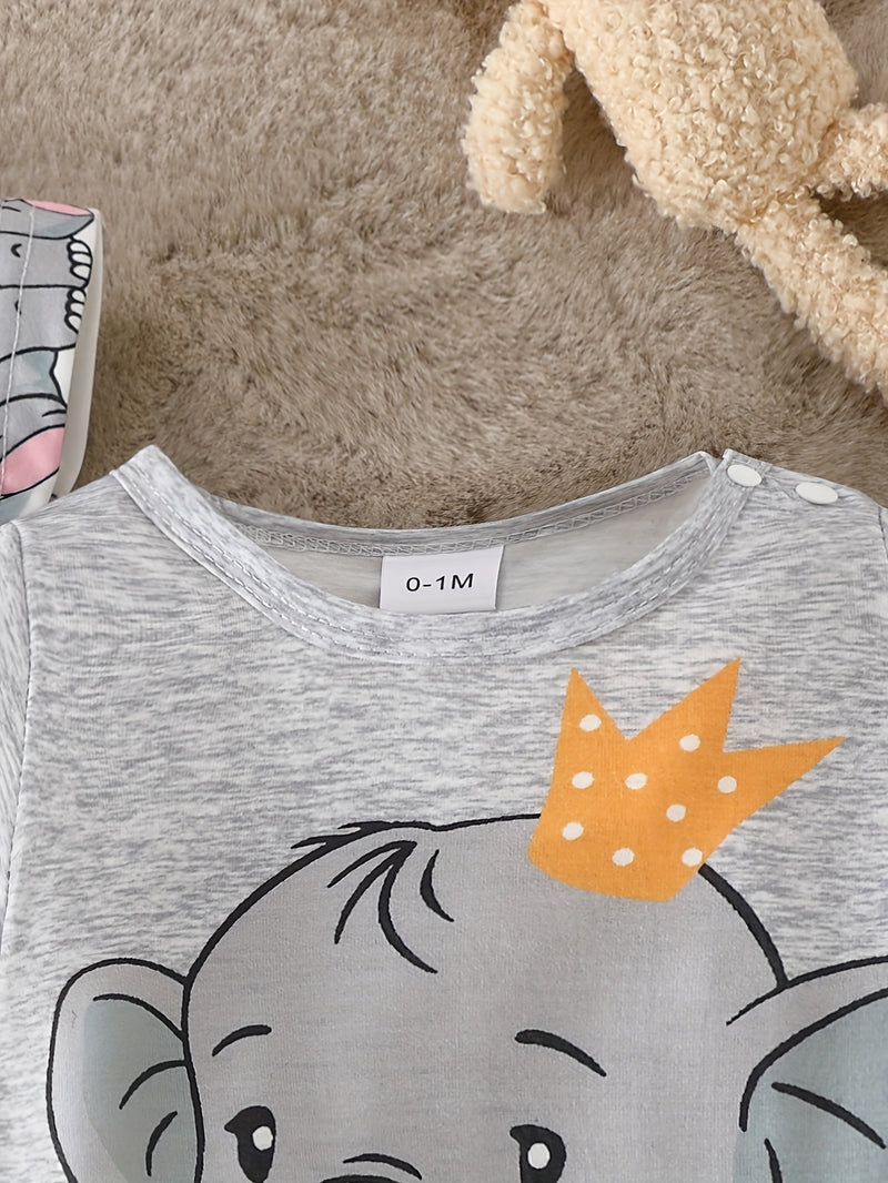 Two Sets of Baby Short-Sleeve Bodysuits with Elephant Patterns.