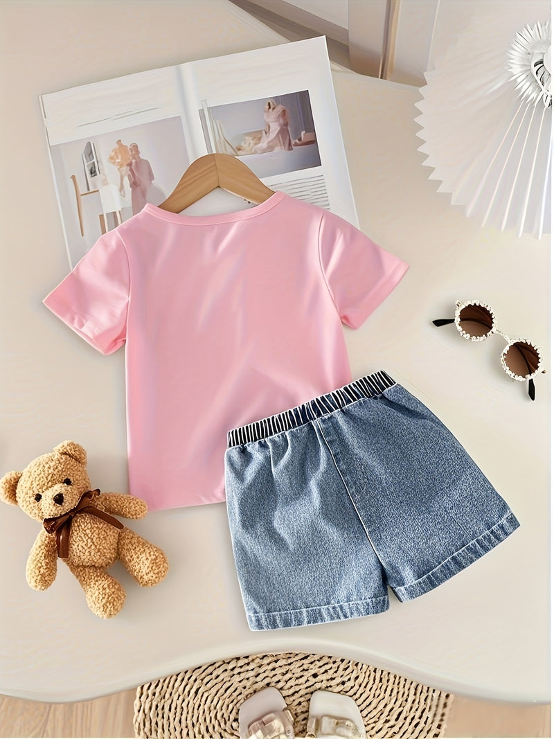 Pink T-Shirt + Denim Shorts Set, 2pcs Girls' Denim Outfit with Bow Design.