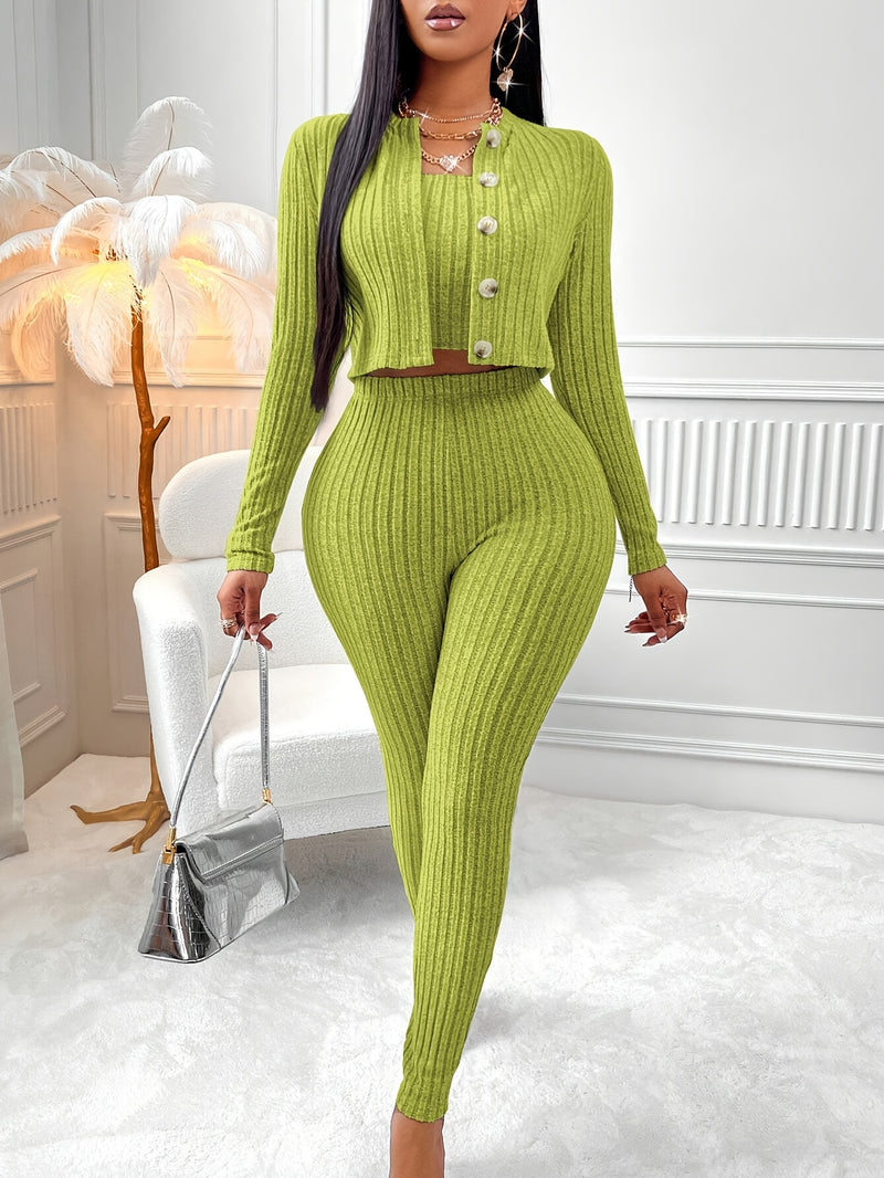 Women’s Solid Color Tube Top and Front Button Jacket and Leggings 3pcs Set.