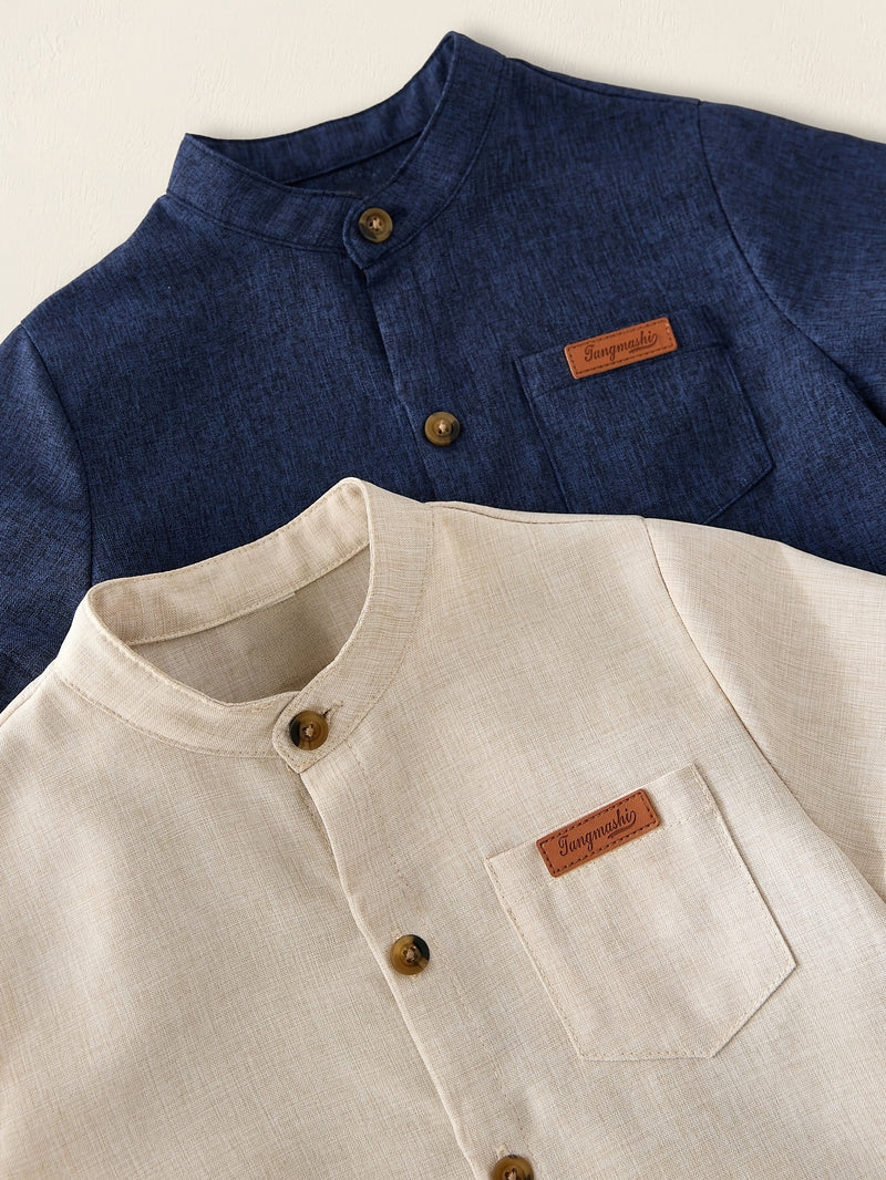 2pcs Boys Summer Stand Collar Short Sleeve Shirts.