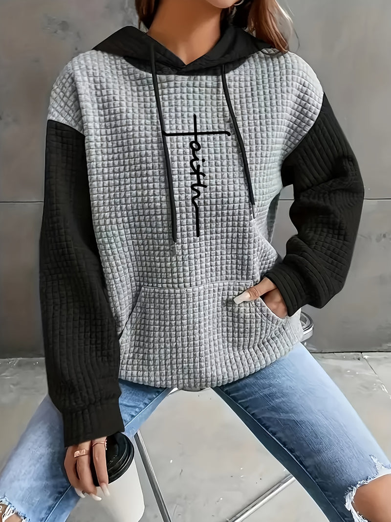 Women's Casual Oversized Hoodie with Checkered Texture & Letter Print.