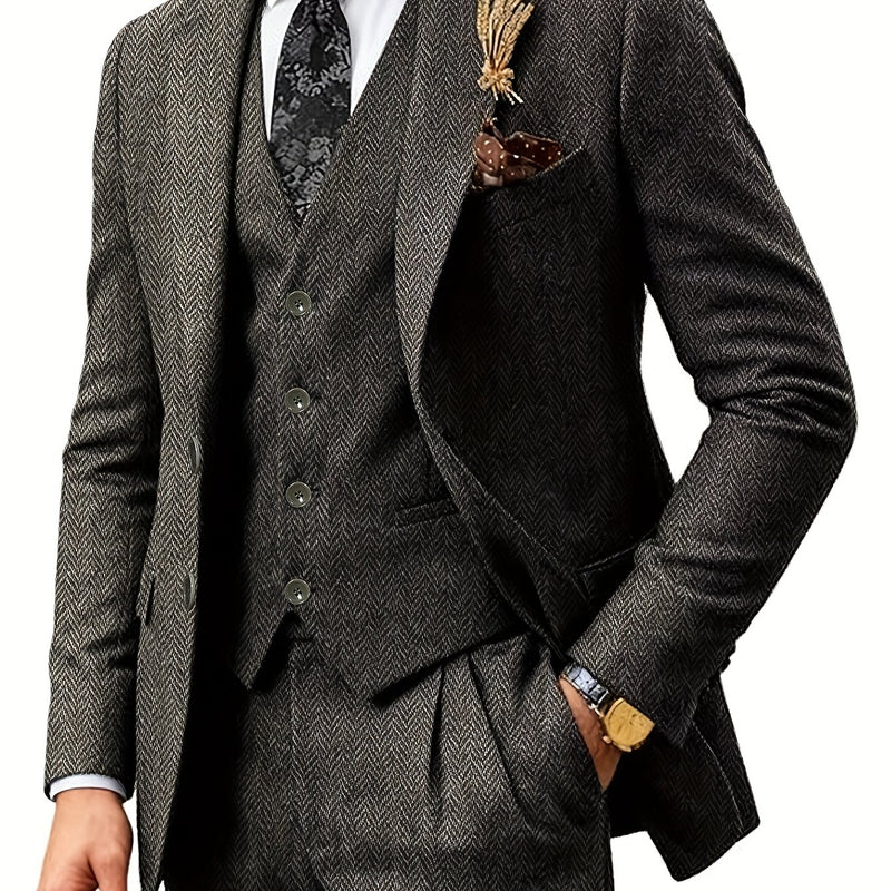 Men's Three-Piece Suit Made of Blended Herringbone Fabric.