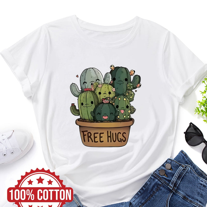 Women's "Free Hugs" Slogan T-Shirt.