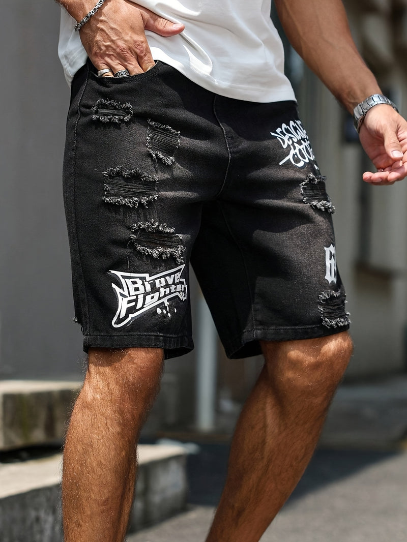 Men'S Casual Distressed Denim Shorts with "DESIGNER COOL" Print - Black & Gray.