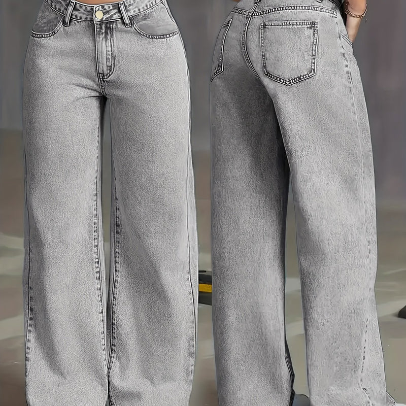 Women's New Stretch Straight Jeans, Wide-leg Jeans with Pockets.