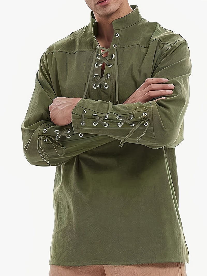 Men's Stand Collar Shirt with Drawstring Arm Bands.