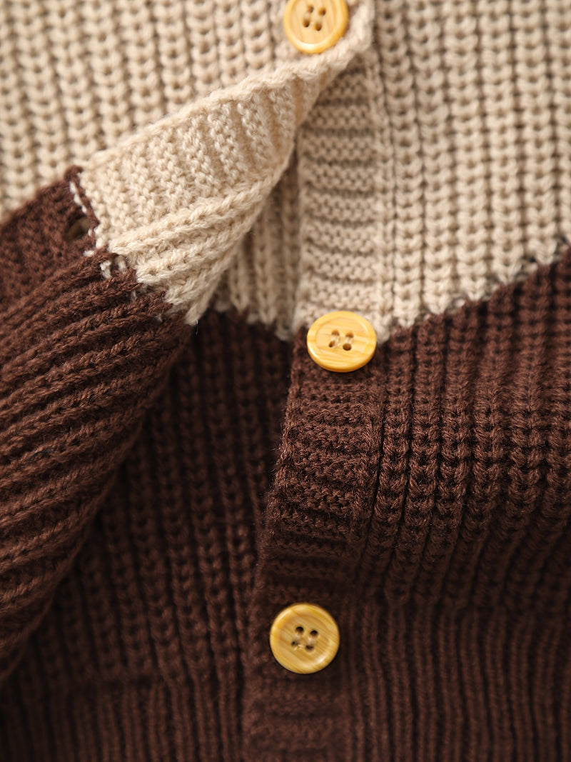 Baby Retro Tricolor Color Blocking Knitted Cardigan.