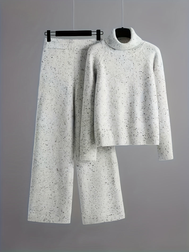 Elegant Women's Set High-Neck Long-Sleeve Sweater and Matching Pants.