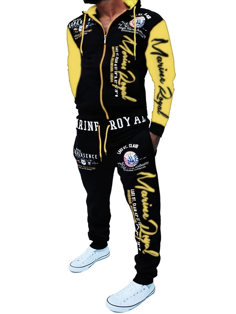 Men's Hiphop Outfit, Letter Print Long Sleeve Full-Zip Casual Jacket And Loose Jogger Pants.