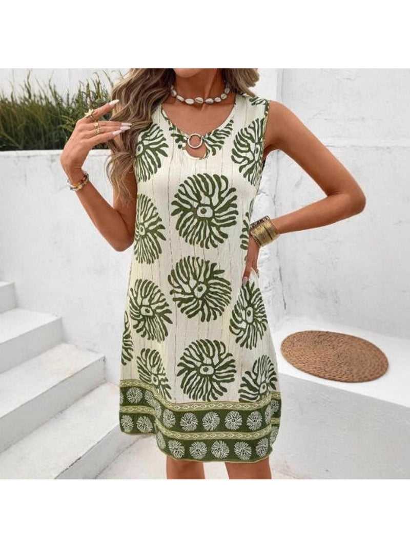 Women's Summer Fashion Dress, Casual Vacation Sleeveless Round Neck Printed.