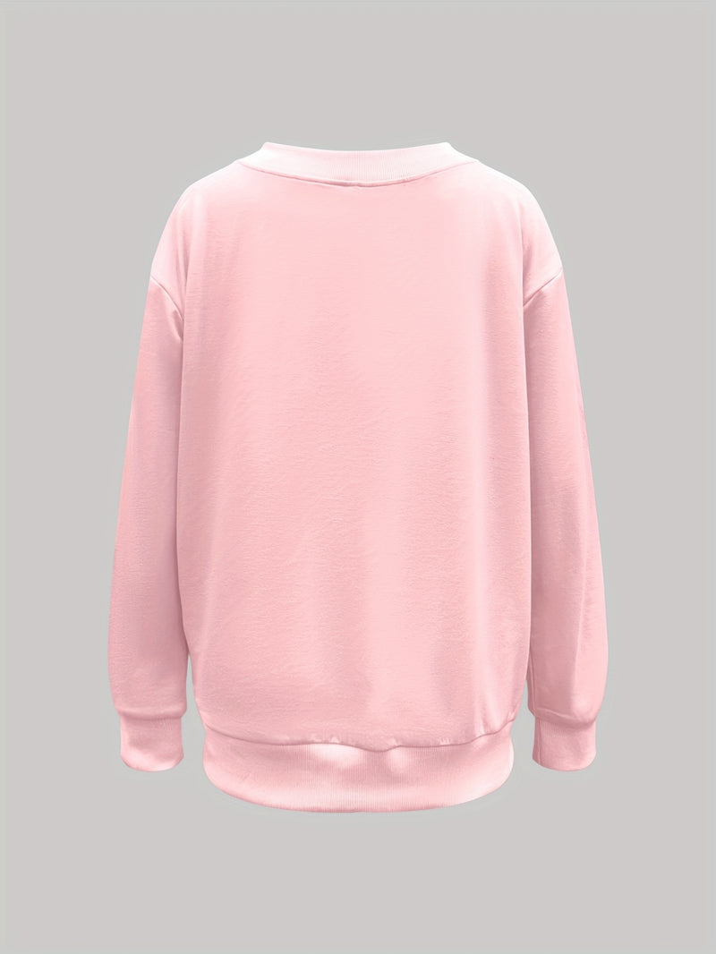 Women's Pink V-Neck Long Sleeve Sweater with German Letter Print.