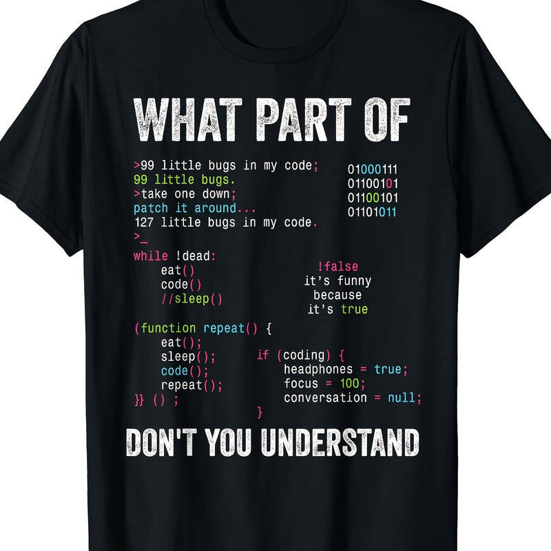 Men's Programming Humor T-Shirt with Code Snippets.