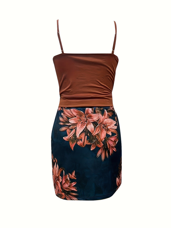 Women’s Two-piece Skirt Set, V Neck Cami Top & Floral Print Skirt Outfits.