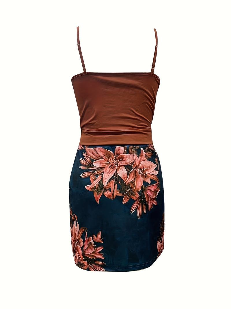 Women’s Two-piece Skirt Set, V Neck Cami Top & Floral Print Skirt Outfits.