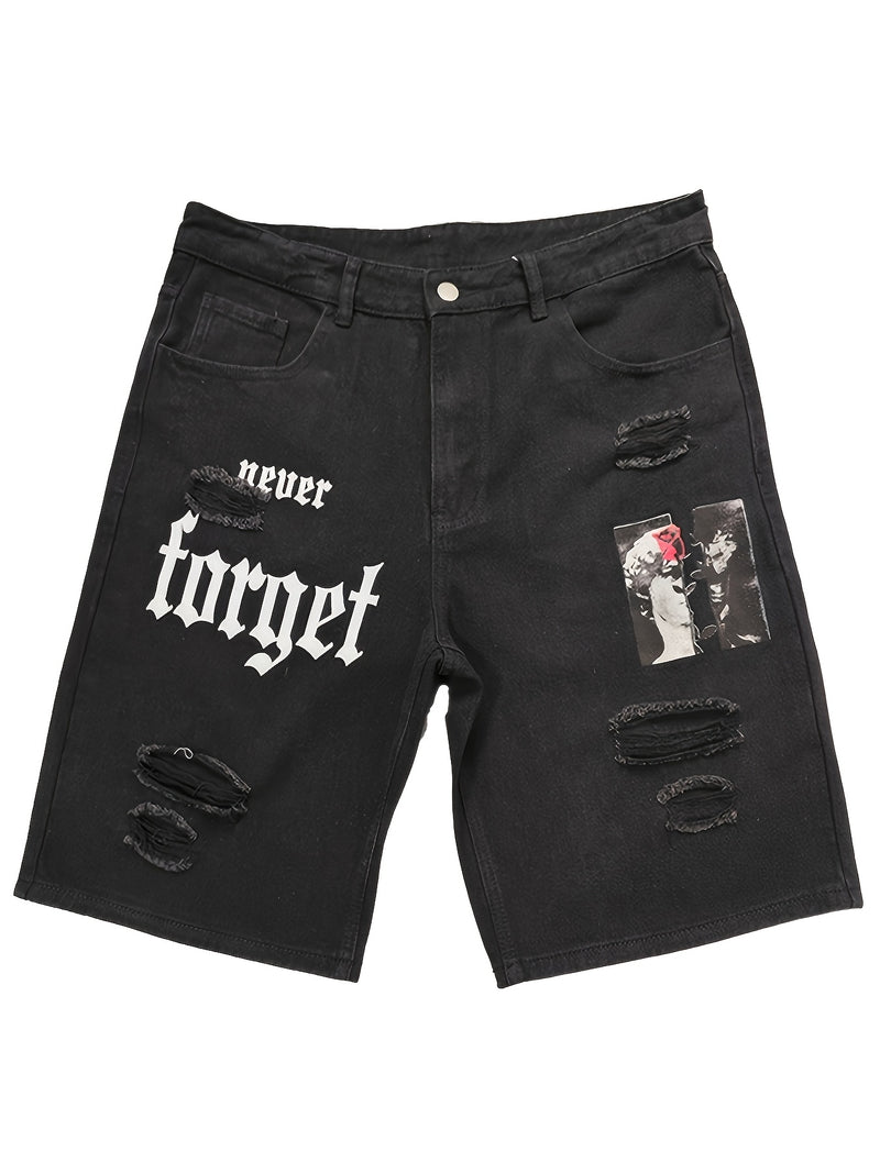 Men's Denim Shorts, Light Blue, Perforated Design, Printed, Loose Fit, Non Stretchy.