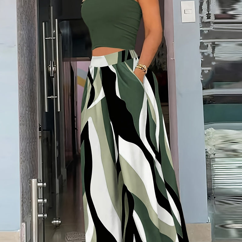 Women's Casual Vacation Style Half-High Neck Top and Wave Pattern Wide-Leg Pants.