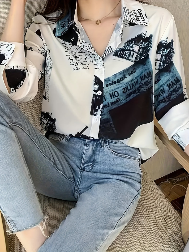 Women’s Letter Print Button- Shirt, New Spring/Autumn Casual Long Sleeve.