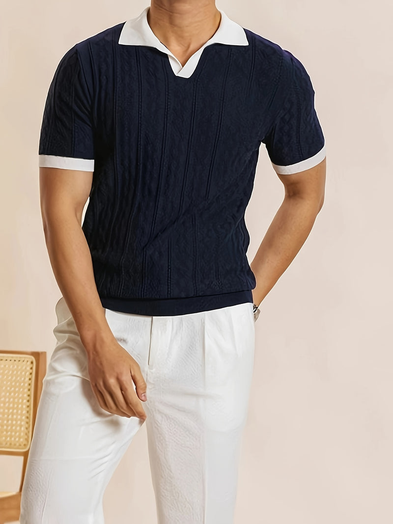 Men's Knit Casual T-Shirt, Fashionable Contrast Color Design.