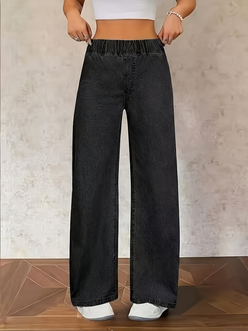 Women's Washed Casual High-Waisted Elastic Waistband Blue Jeans.