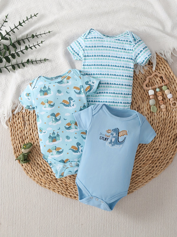3pcs Newborn Baby Dinosaur Embroidered Bodysuits.