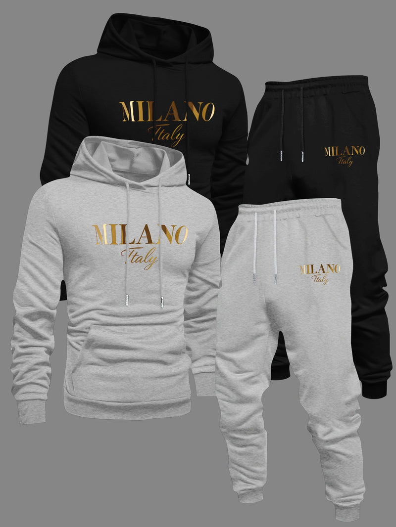 Men's Fashion Slogan Hoodie Four-Piece Set with Drawstring Elastic.