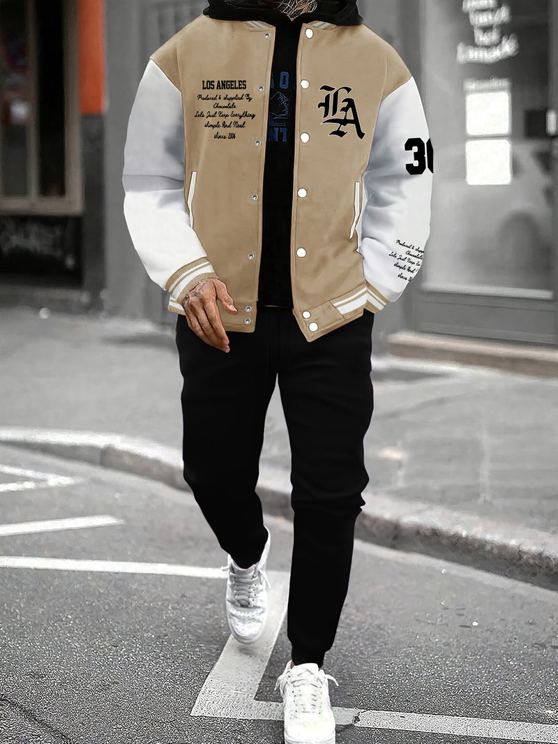Men's 2pcs Baseball Jacket and Sweatpants Set with Overlapping.