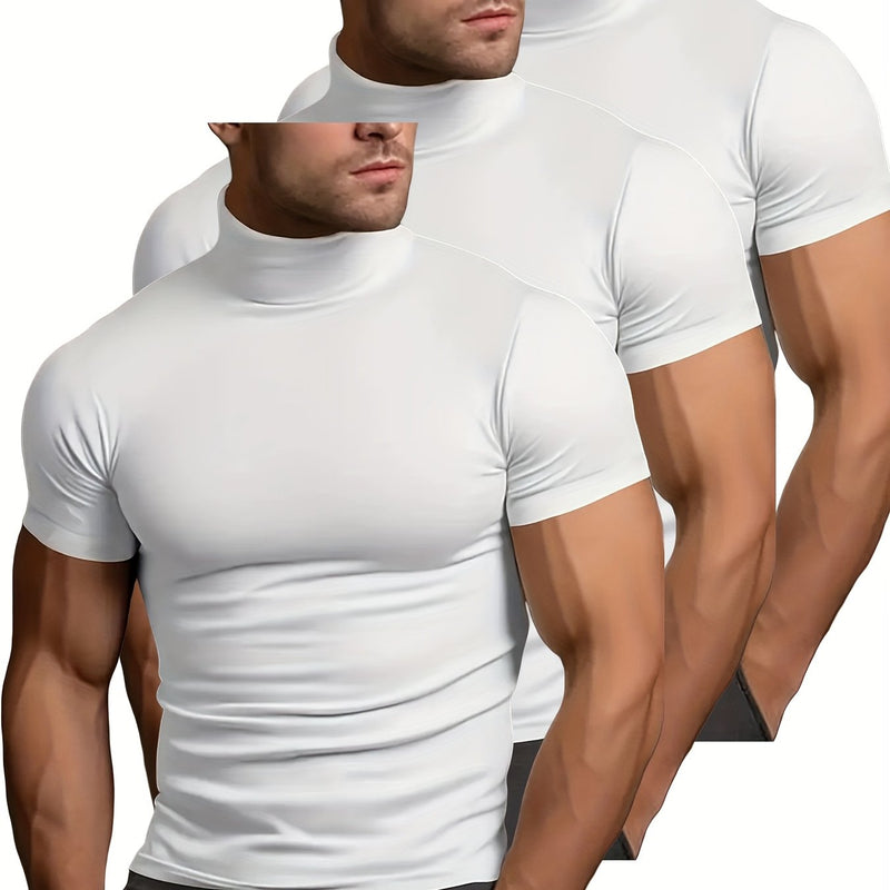 3pcs Men's Solid Color Stretchy Short-Sleeve Round Neck Sports T-Shirts.
