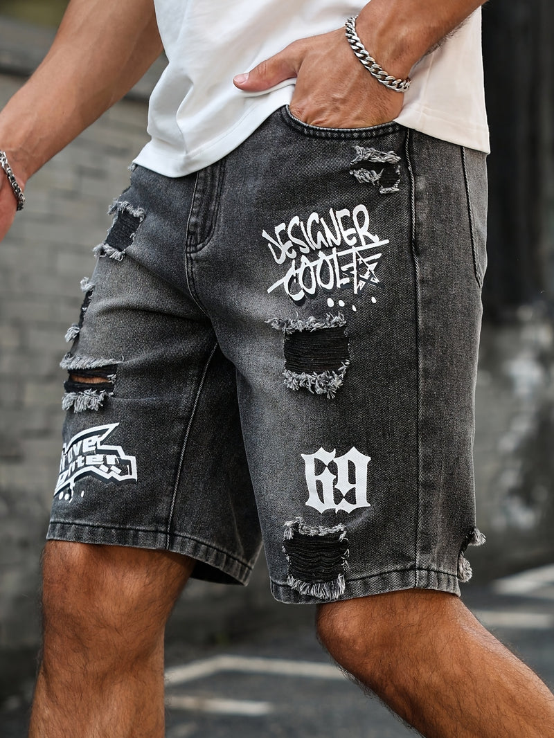 Men'S Casual Distressed Denim Shorts with "DESIGNER COOL" Print - Black & Gray.