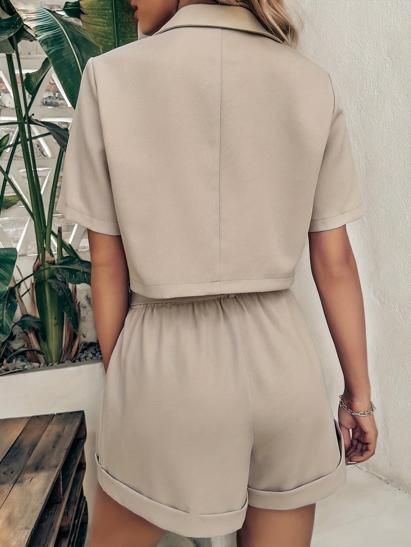 Women’s Short Suit Jacket with Turn-up Collar, Single Button and High Waist.