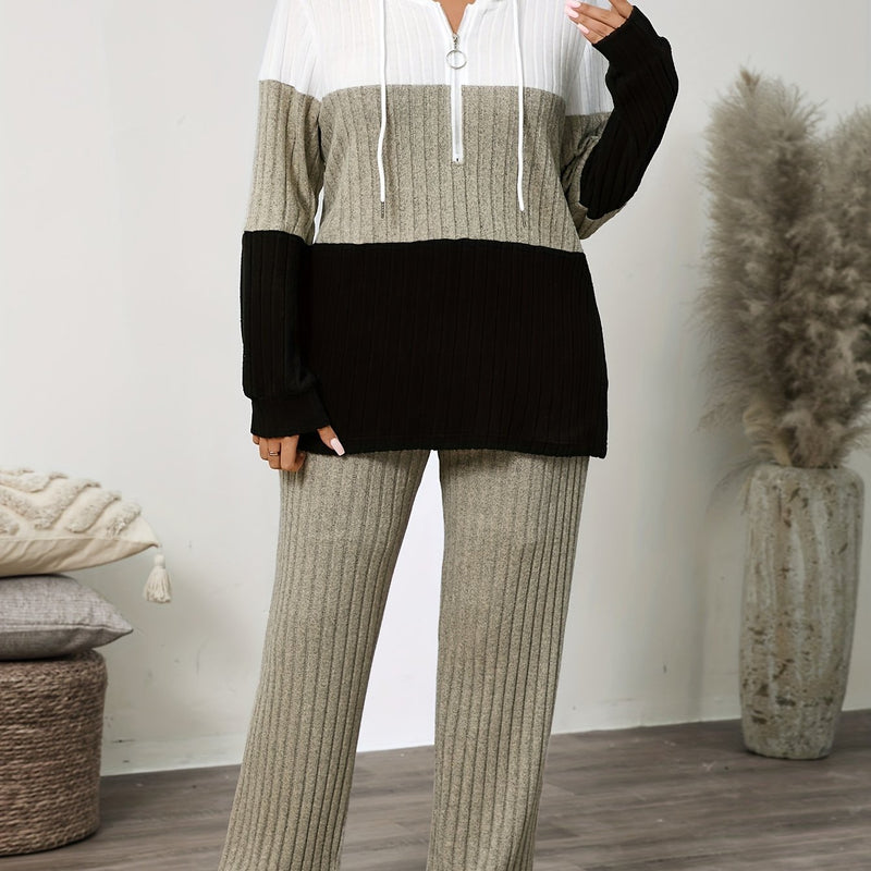 Women's Ribbed Casual Patchwork Hoodie Set.