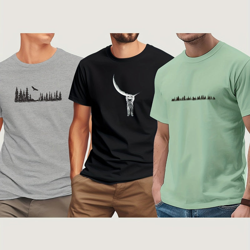 3pcs Men's Short Sleeve Print T-Shirt.