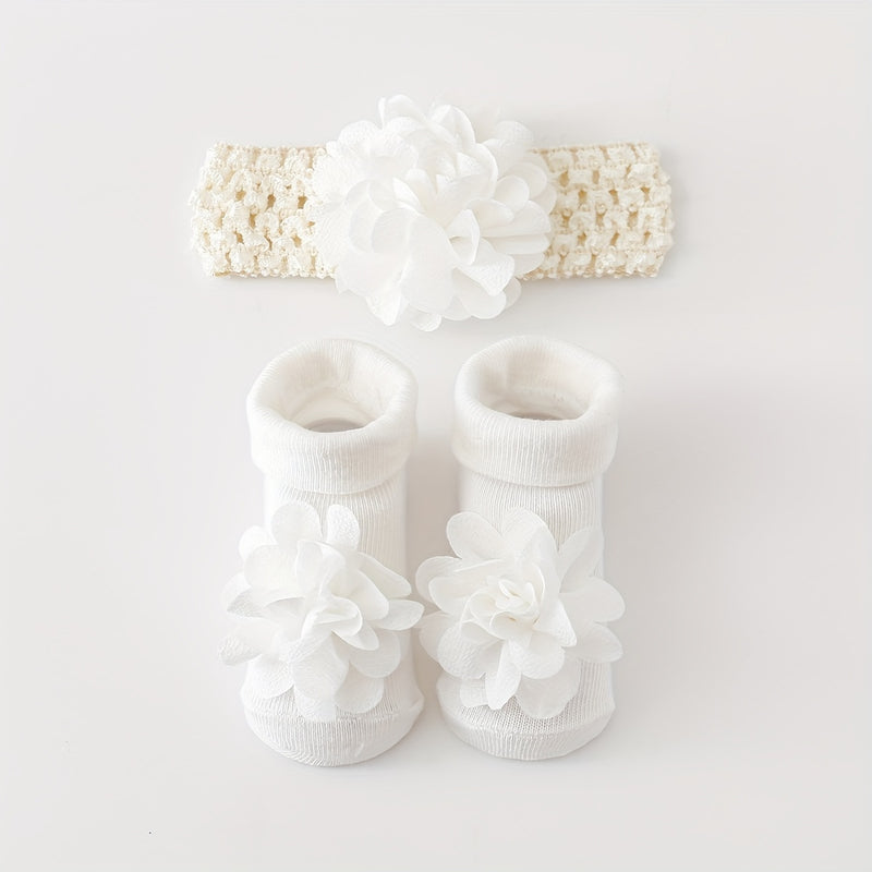 A Set of 1 Pair of Baby Flower Socks Along with a Baby Mesh Headband.