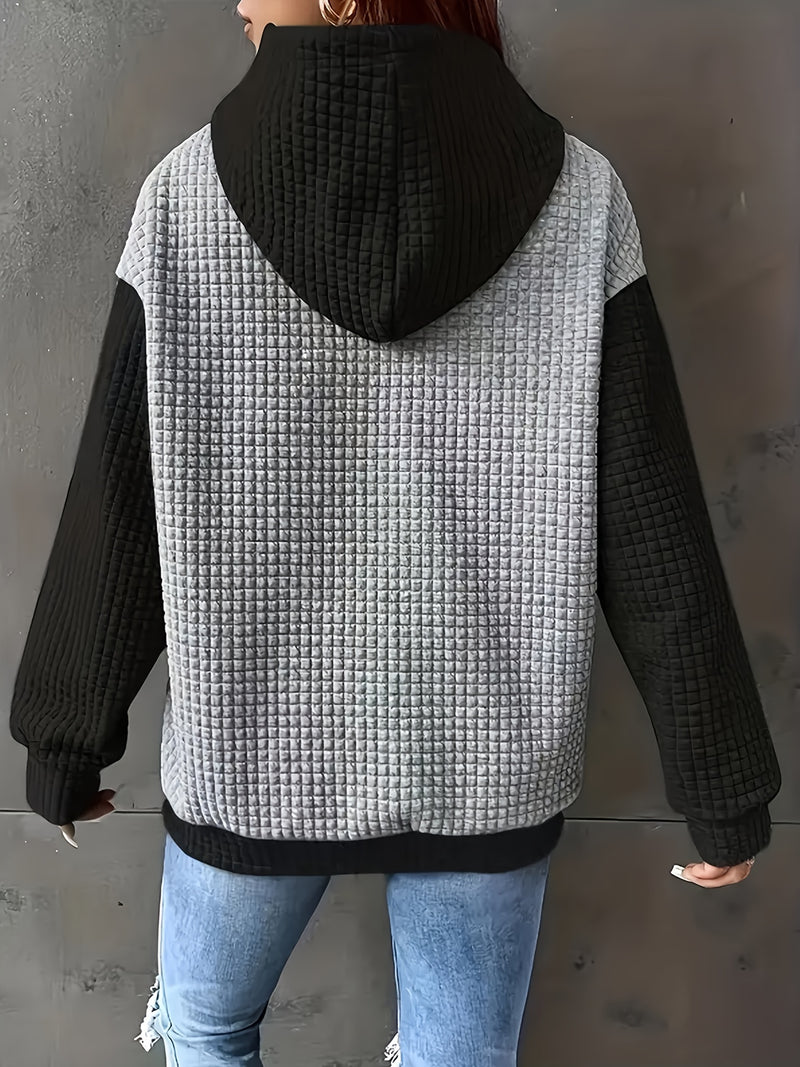 Women's Casual Oversized Hoodie with Checkered Texture & Letter Print.