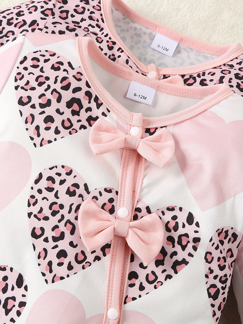 4pcs Girls' Spring/autumn New Leopard Print Romper with Bow Tie and Hat.