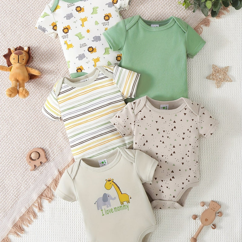 5pcs Baby Boy Short-Sleeve Romper Bodysuit Set, Cotton Cute Cartoon.