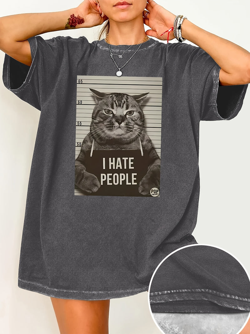 Cat Print Loose Round Neck Fashion Women's Wash Short Sleeve.